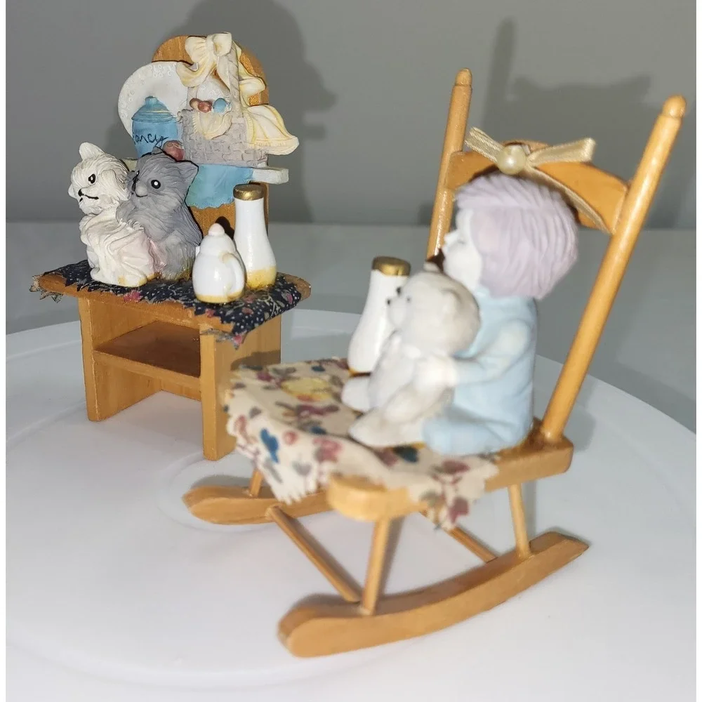 Miniature Wooden Furniture Set 2pc Brown Child Kitten Resin Vintage Shelf Decor